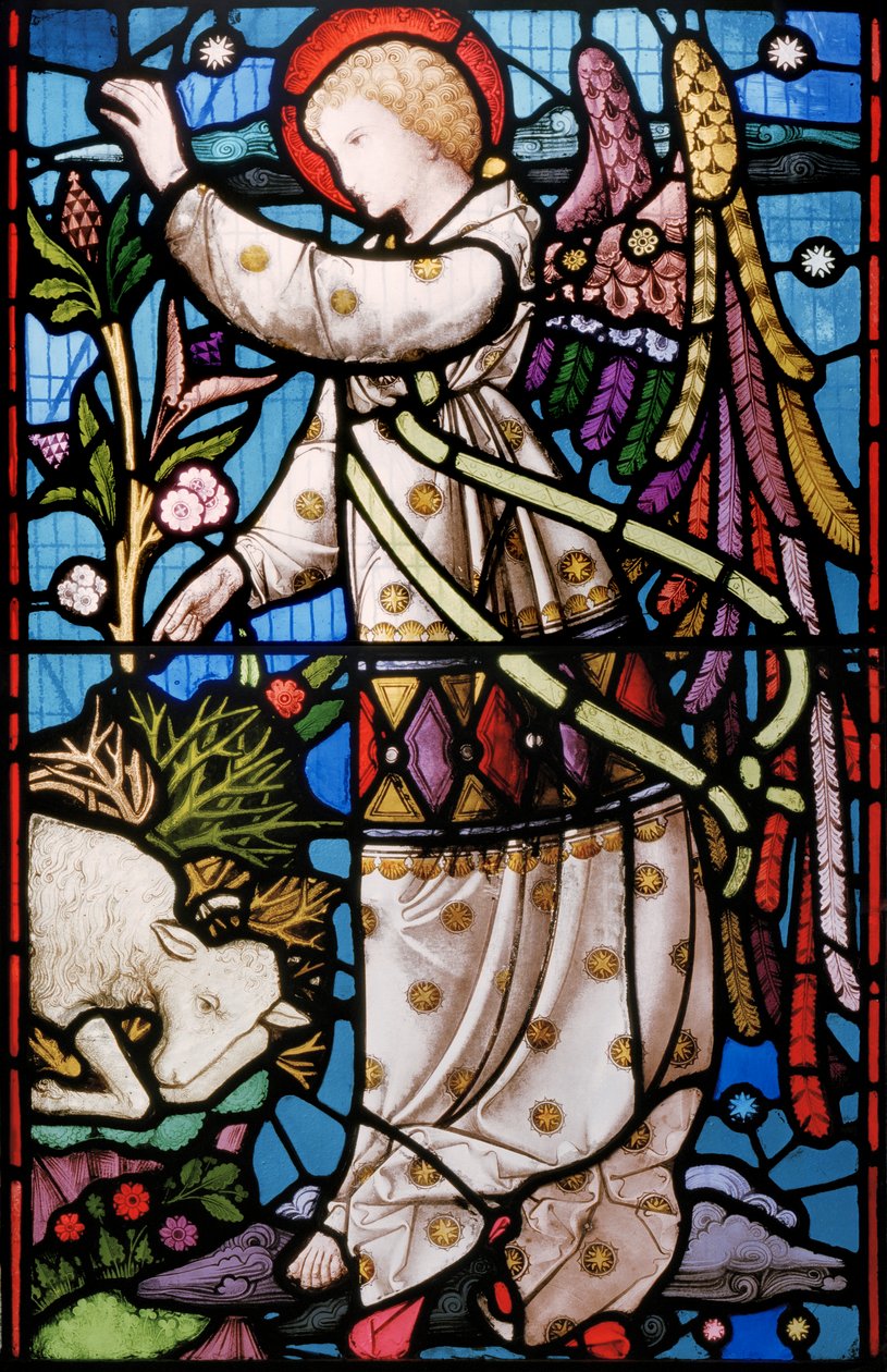En engel bringer en besked til Abraham om ikke at ofre sin søn, men erstatte et får i stedet for, som er blevet fanget i buske, ca. 1867 (farvet glas) af Alfred Hassam
