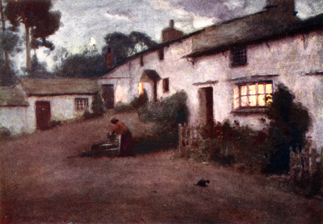 Moonlight and Lamplight - Consiton Village, fra en portefølje af tryk fra de originale akvareller, ca. 1920 af Alfred Heaton Cooper