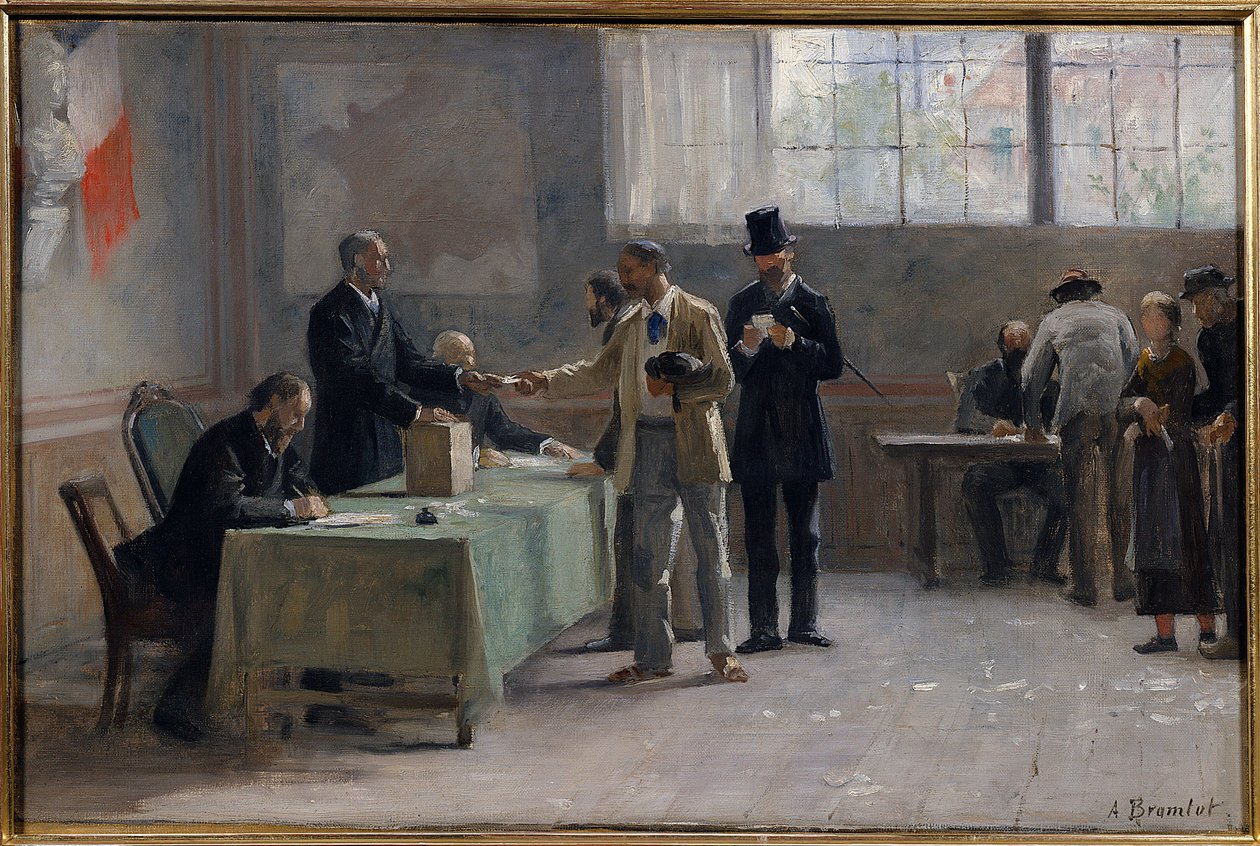 Almindelig valgret: Et valgsted i 1889. skitse af Alfred Bramtot (1852-1894) 1889 af Alfred Henri Bramtot