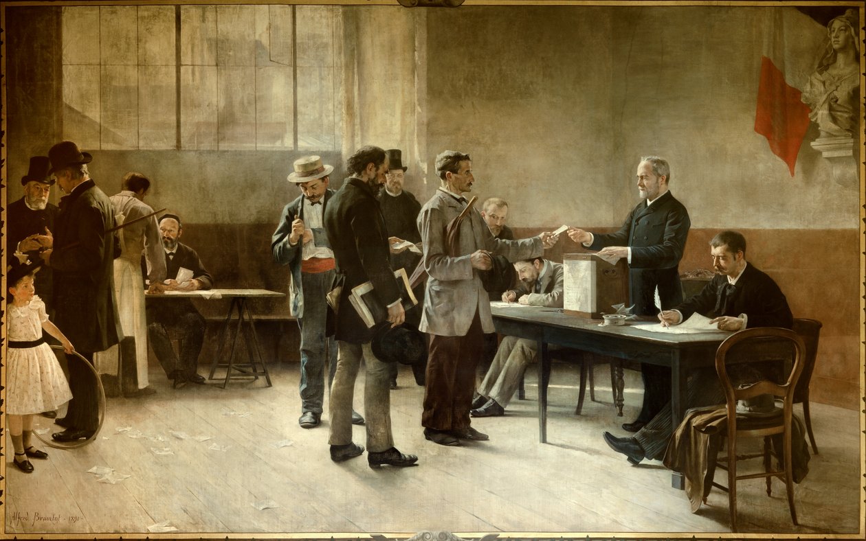 Almindelig valgret Et valgsted i 1891. Maleri af Alfred Bramtot (1852-1894) 1891 les Lilas, Rådhuset af Alfred Henri Bramtot