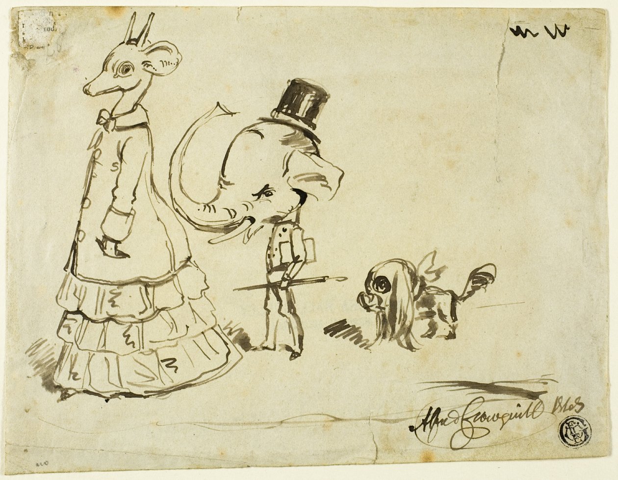 Karikatur af mand, kvinde og hund af Alfred Henry Forrester