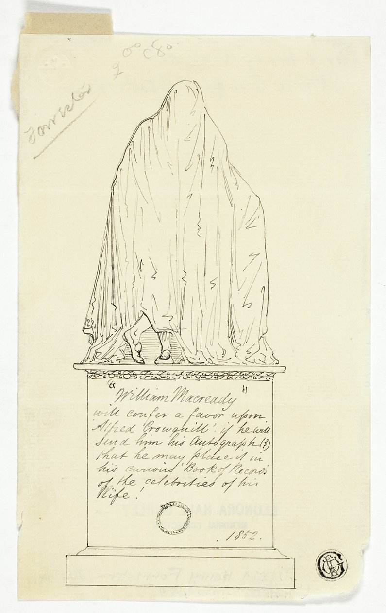Besøgskort med draperet monument, kunstnerens inskription af Alfred Henry Forrester