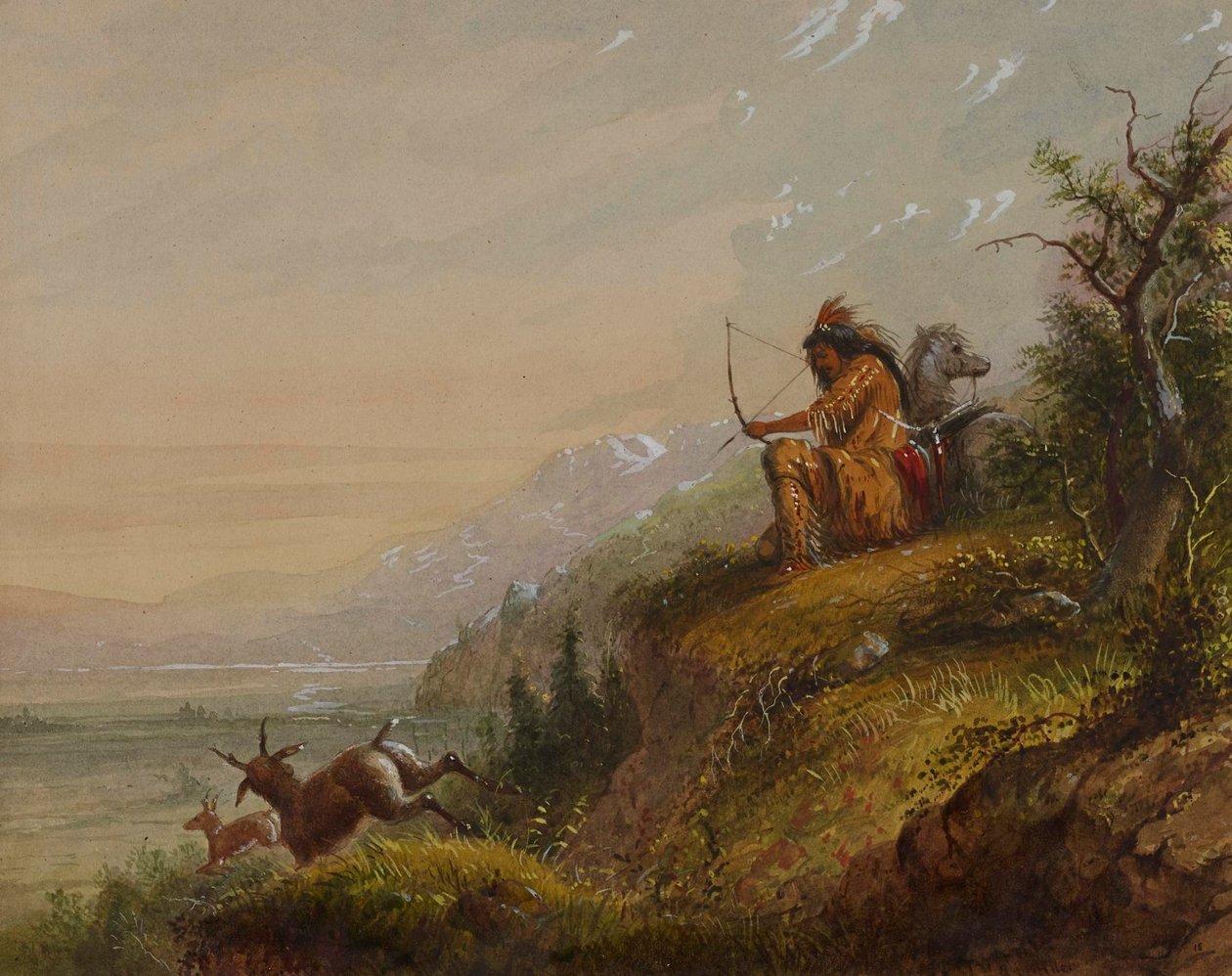 En pawneeindianer, der skyder på en antilope af Alfred Jacob Miller
