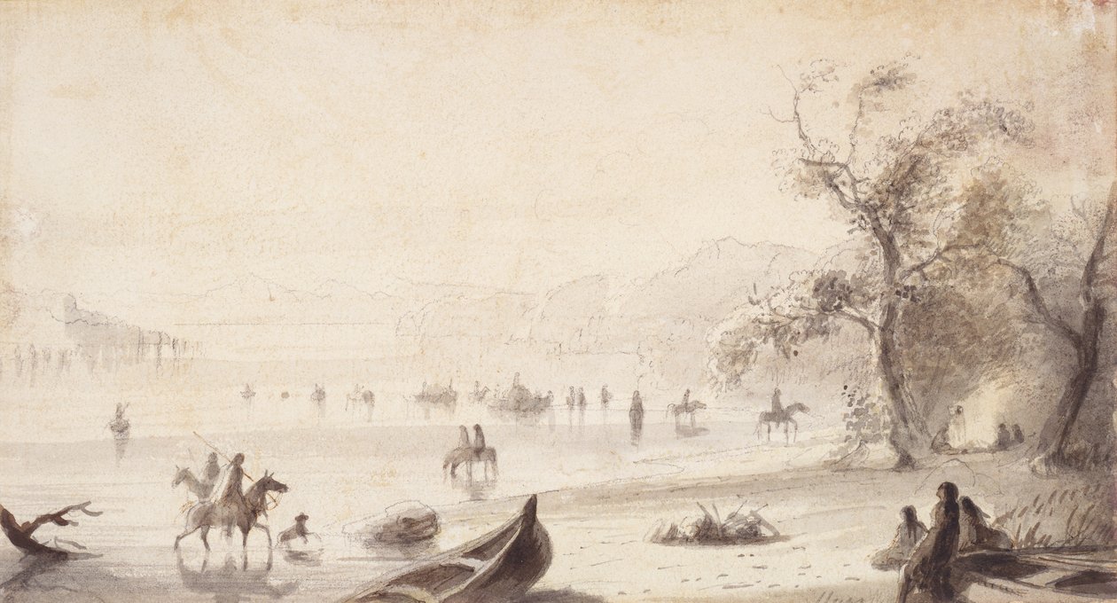 Bull Boating Across the Platte, ca. 1837 (tegning på papir) af Alfred Jacob Miller