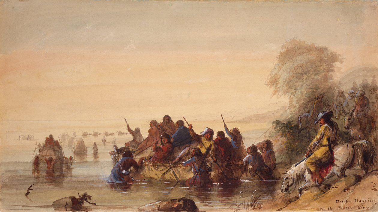 Bull Boating on the Platte River, ca. 1837 (akvarel på papir) af Alfred Jacob Miller