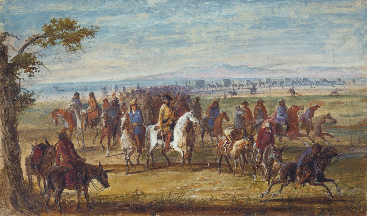 Karavane: Sir William Stewart monteret på hvid hest, ca. 1837 (olie på papir) af Alfred Jacob Miller