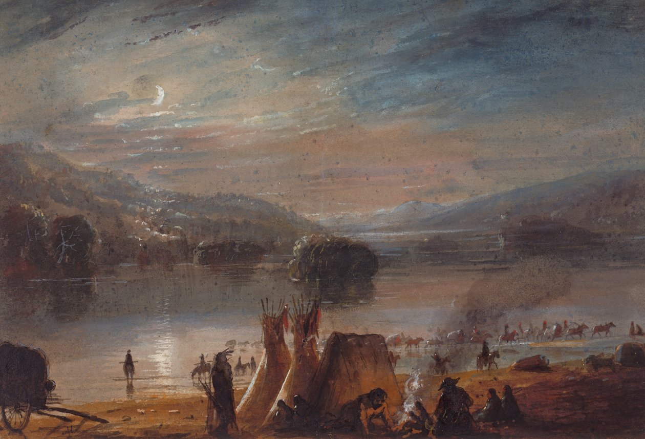 Crossing the River by Moonlight, Making Camp, ca. 1858-60 (akvarel på papir) af Alfred Jacob Miller