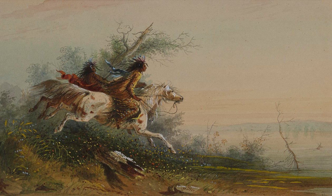 Elg svømmer over Platte af Alfred Jacob Miller