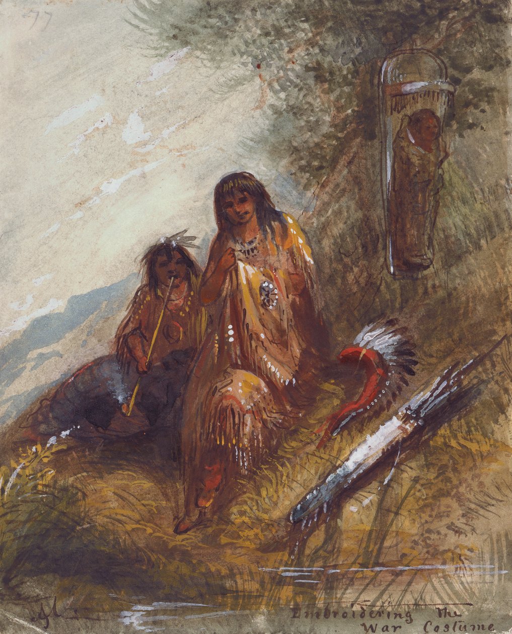 Embroidering the War Costume, ca. 1837 (akvarel og gouache på papir) af Alfred Jacob Miller