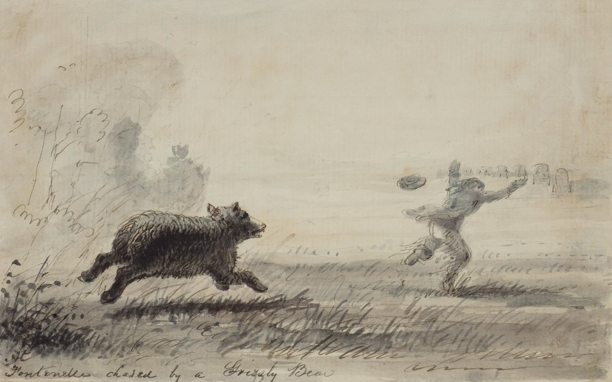 Fontenelle Chased by a Grizzly Bear, ca. 1837 (pen, blæk og vask på papir) af Alfred Jacob Miller