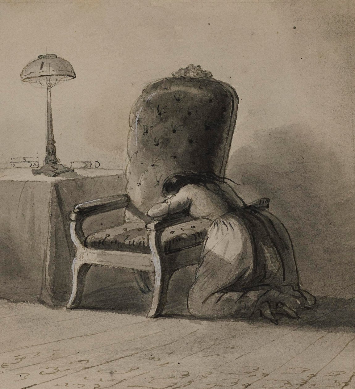 Pige, der knæler over en stolelæn af Alfred Jacob Miller