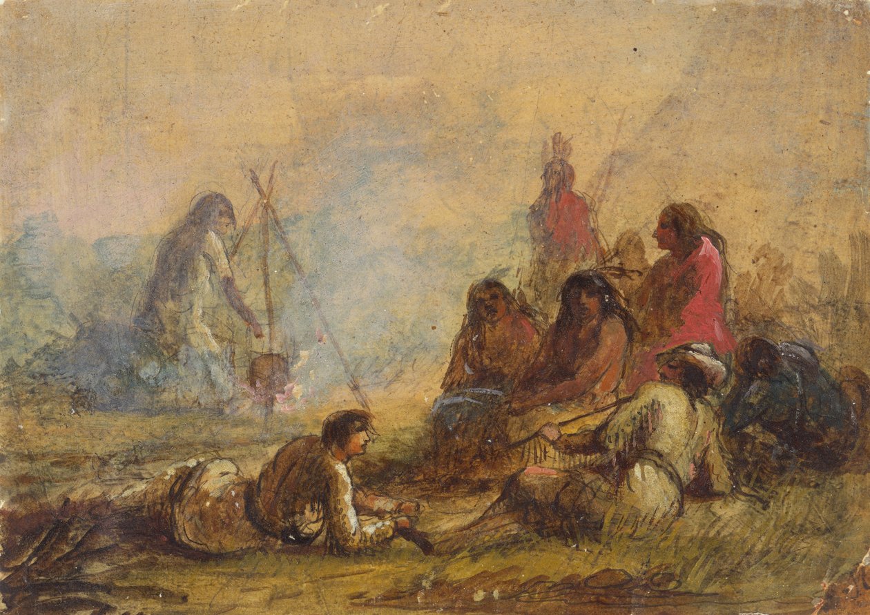 Gruppe af fældefangere og indianere, ca. 1837 (akvarel og gouache på papir) af Alfred Jacob Miller