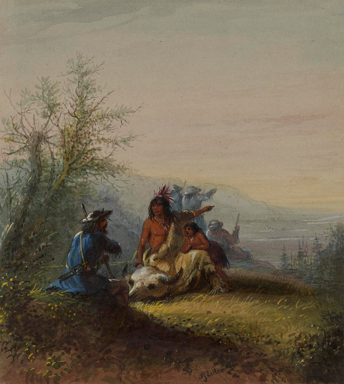 Gruppe med en bjergboer og en Kansas-indianer af Alfred Jacob Miller