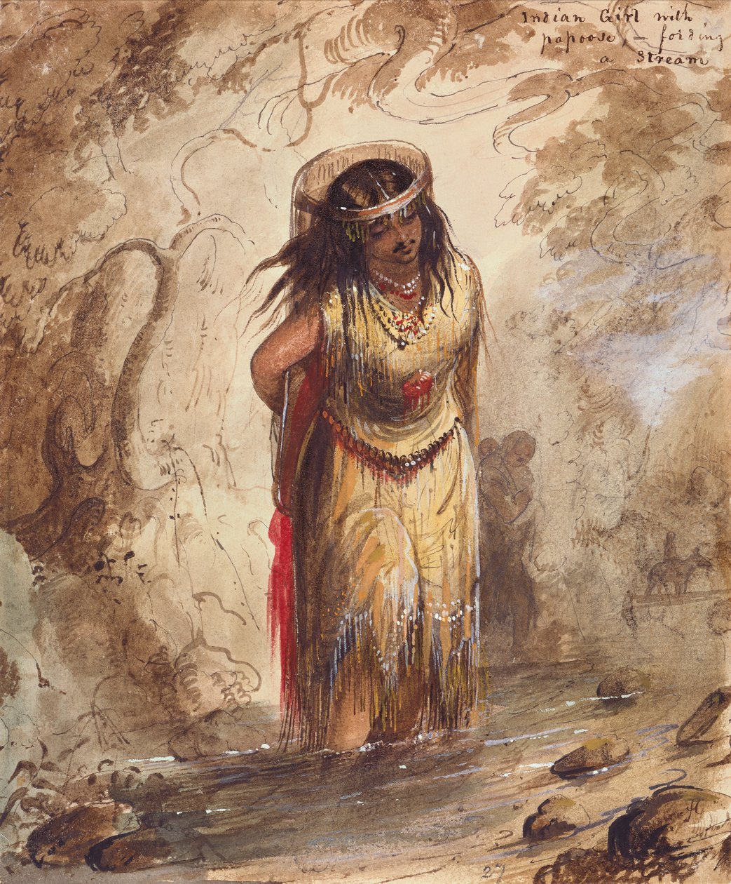 Indisk pige med Papoose Fording a Stream, ca. 1837 (blyant, akvarel og gouache på papir) af Alfred Jacob Miller