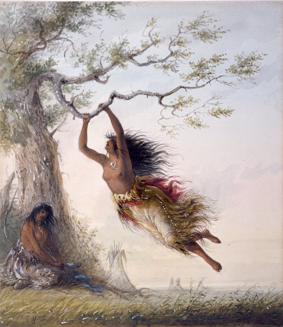 Indianske piger på gynge af Alfred Jacob Miller