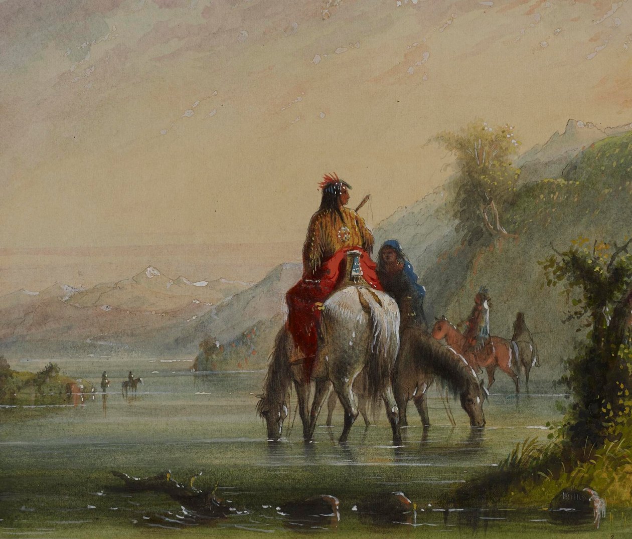 Indianske piger vander heste (Eau Sucre-floden) af Alfred Jacob Miller