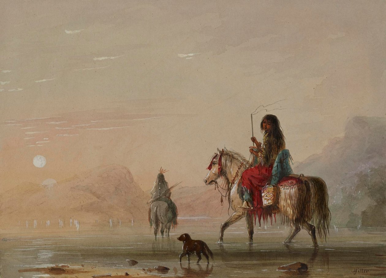 En indianer og hans kone på vej over en flod af Alfred Jacob Miller
