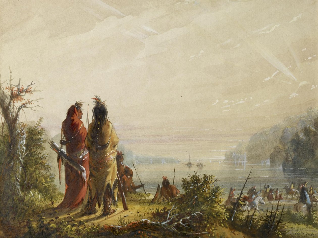 Indianere truer med at angribe pelsskibe af Alfred Jacob Miller