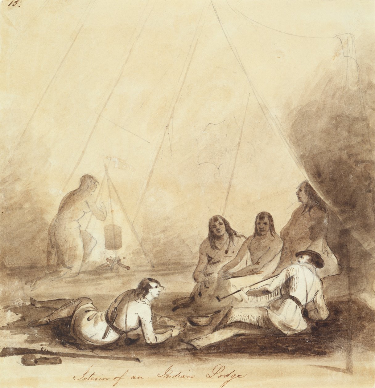 Interiør af en indisk loge, ca. 1837 (blyant, pen og blæk og vask på papir) af Alfred Jacob Miller