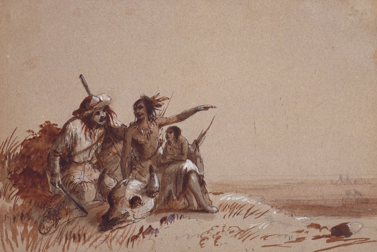 Kansas Indian Recounting to a Trapper, af Signs, the Migration of Buffalo, c.1837 (blyant og brune og sorte vaske på papir) af Alfred Jacob Miller