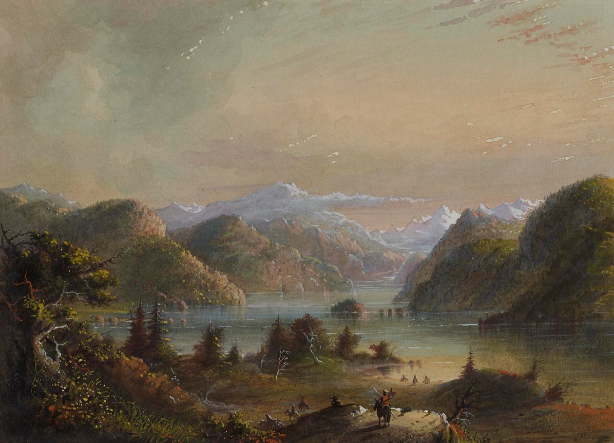 Sølandskab med flod og bjerg af Alfred Jacob Miller