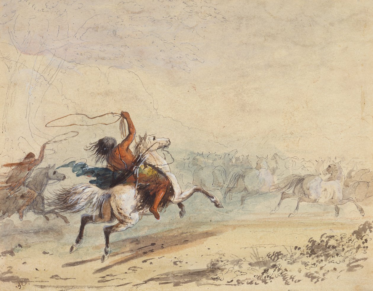 Lassoing Wild Horses, ca. 1837 (blyant, pen, blæk, akvarel og gouache på papir) af Alfred Jacob Miller
