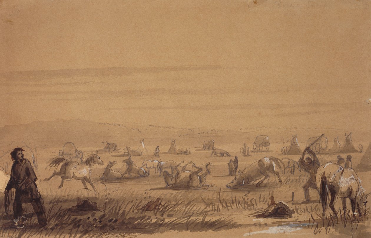 Reaching Camp, Removing the Sadles, ca. 1837 (blyant, pen og blæk, vask og gouache på papir) af Alfred Jacob Miller