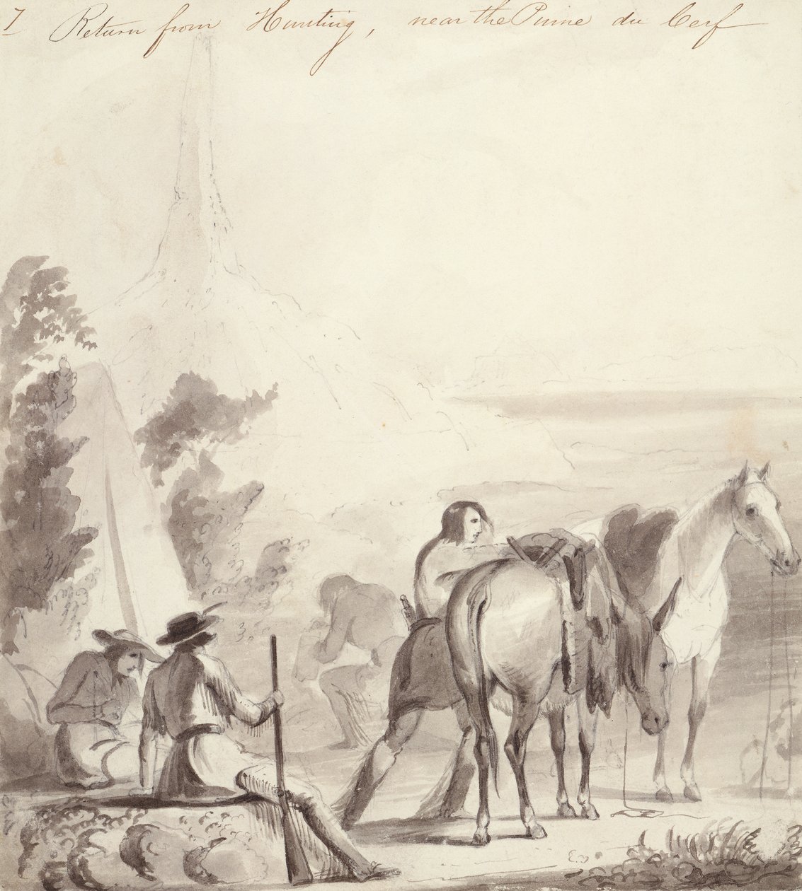 Tilbage fra Jagt, ca. 1837 (olie på pap) af Alfred Jacob Miller