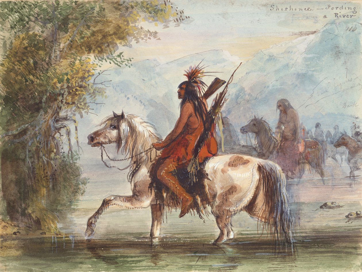 Shoshone Camp Fording a River, ca. 1837 (akvarel på papir) af Alfred Jacob Miller