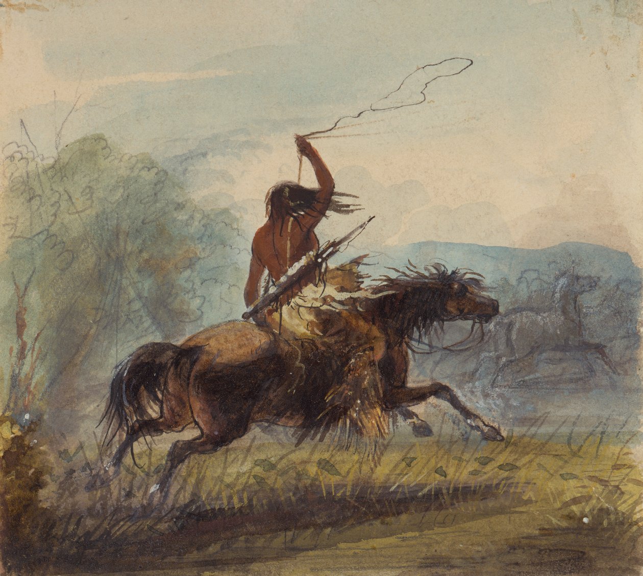 Shoshone Female Throwing the Lasso, ca. 1837 (blyant, akvarel og gouache på papir) af Alfred Jacob Miller