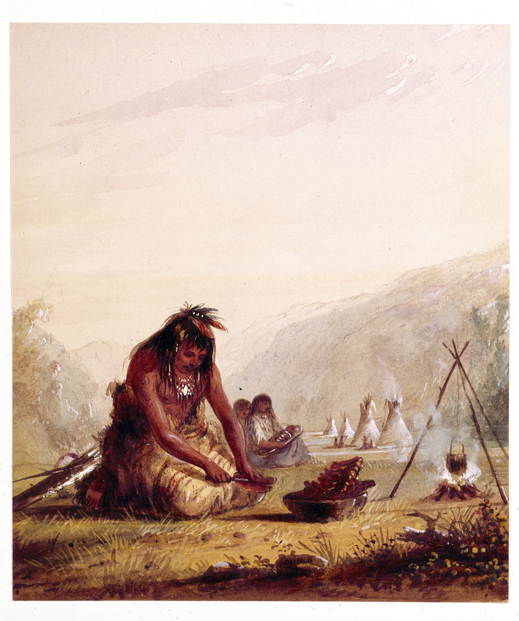 En Shosohonee-indianer [sic] tilbereder sit måltid af Alfred Jacob Miller