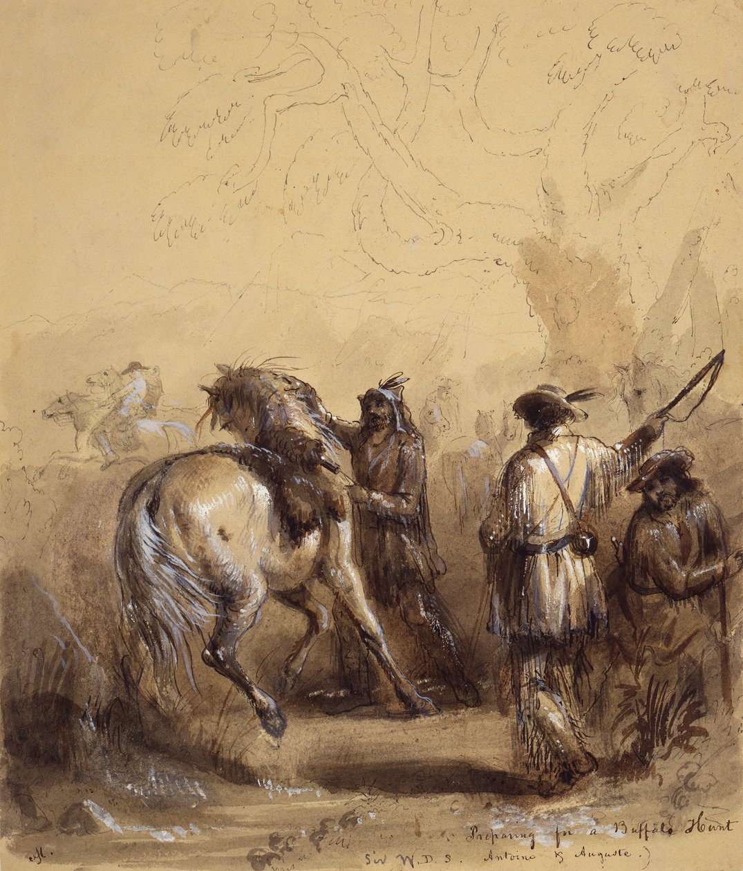 Sir W.D.S., Antoine og Auguste eller forberedelse til en bøffeljagt, ca. 1837 (pen og blæk, vask og gouache på papir) af Alfred Jacob Miller
