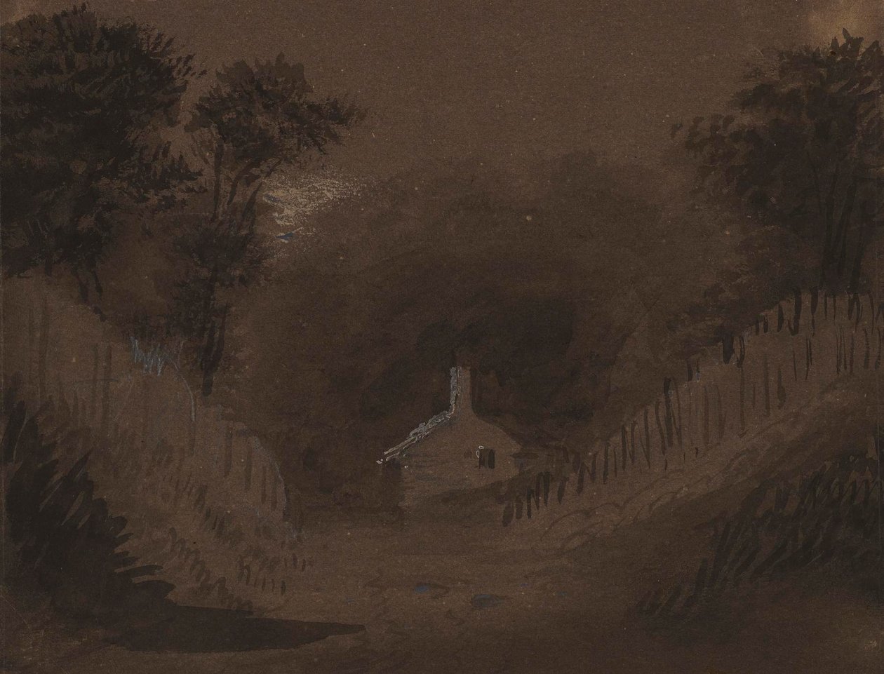 Lille hus blandt træer af Alfred Jacob Miller