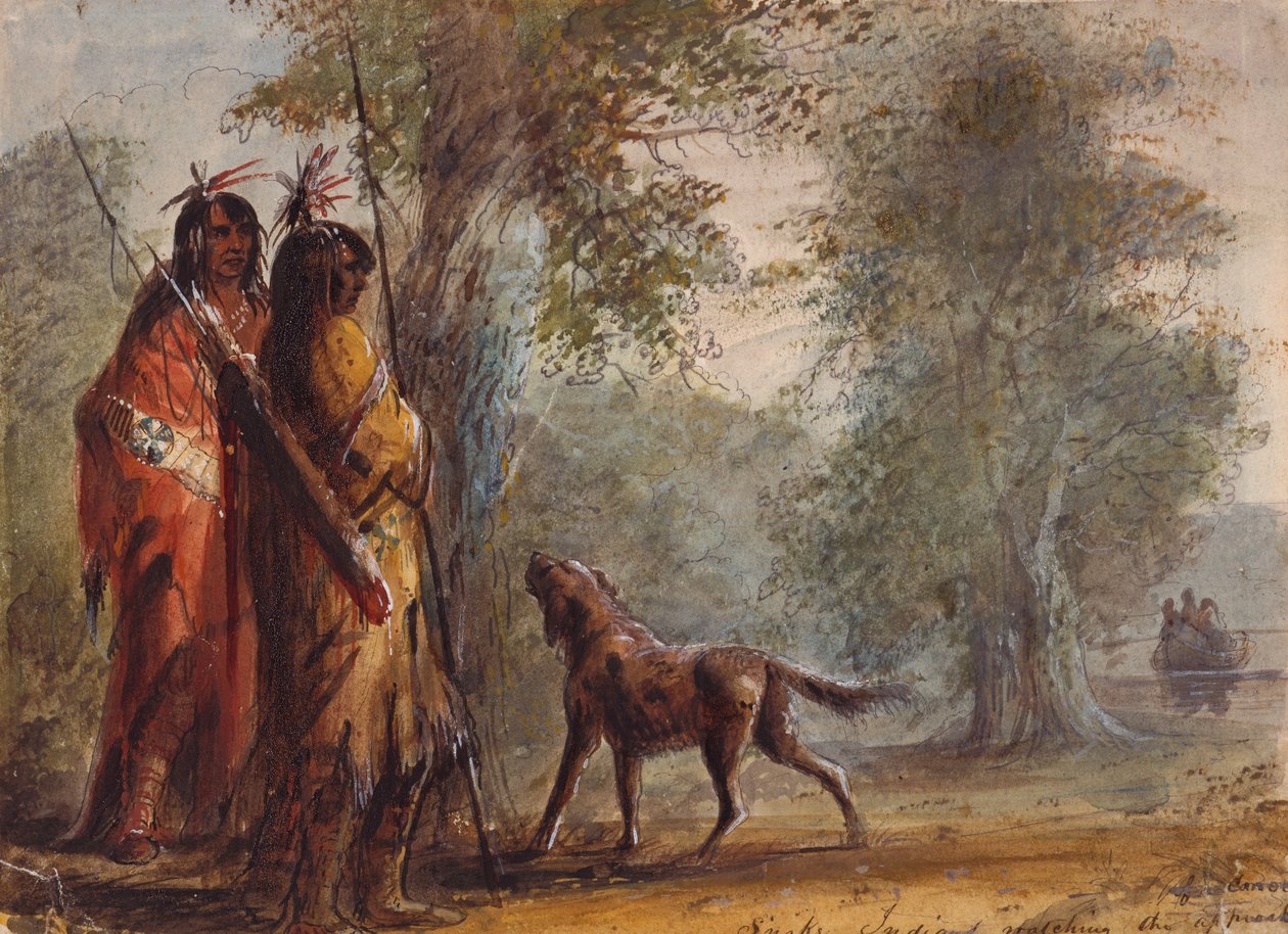 Snake Indians Watching the Approach of a Canoe, ca. 1837 (blyant, akvarel og gouache på papir) af Alfred Jacob Miller
