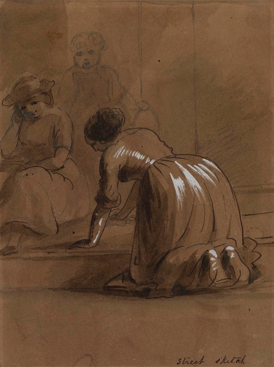 Gadeskitse. Trappe, der vaskes. af Alfred Jacob Miller