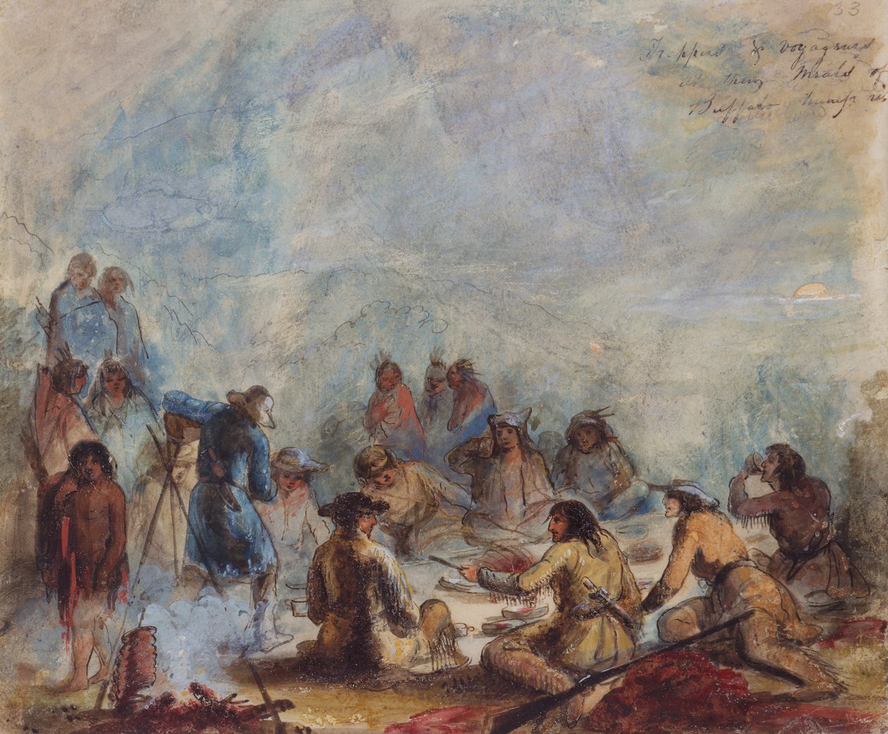 Solopgang, fangere og rejsende ved deres måltider af Buffalo Hump Rib, ca. 1837 (akvarel på papir) af Alfred Jacob Miller