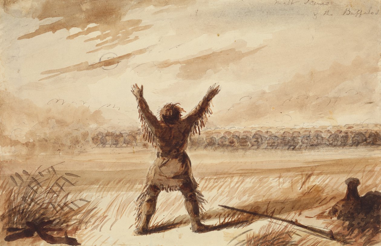 Trapper disturbed in Rest by a Herd of Buffalo, ca. 1837 (blyant, pen og blæk og vask på papir) af Alfred Jacob Miller