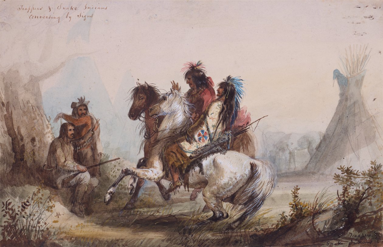 Fangstmænd og slangeindianere, der samtaler efter tegn, ca. 1837 (blyant, akvarel og gouache på papir) af Alfred Jacob Miller