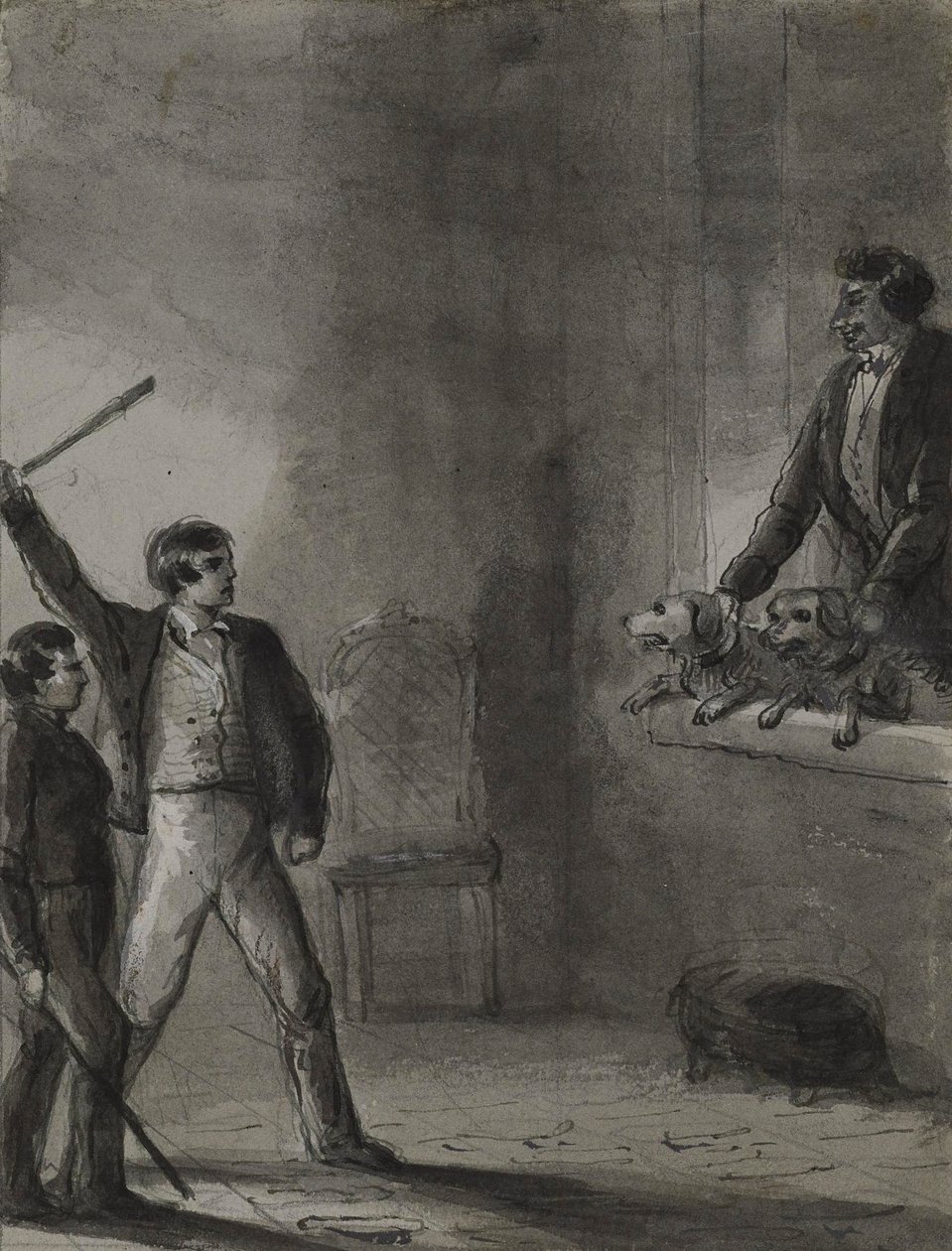 To drenge med løftede stokke, mens en mand og hunde kigger ud af et vindue af Alfred Jacob Miller