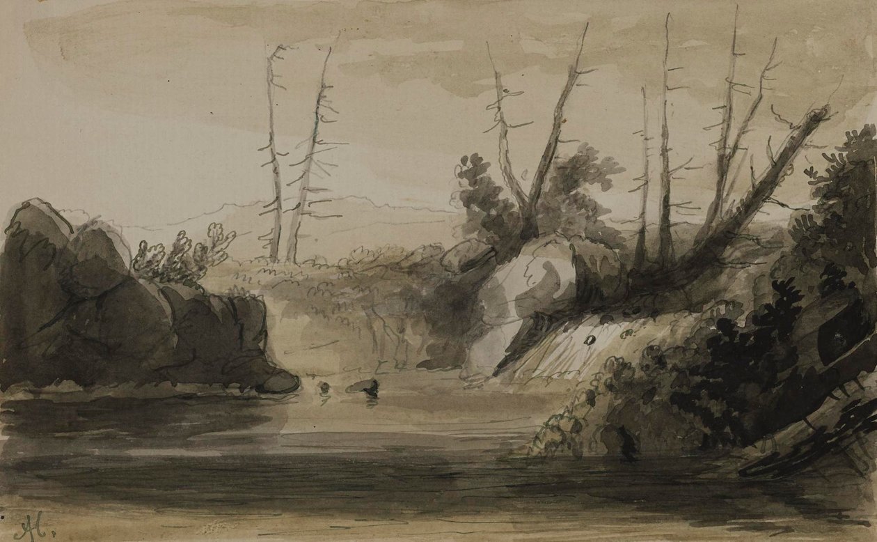 Udsigt over et vandfald og en lille sø af Alfred Jacob Miller