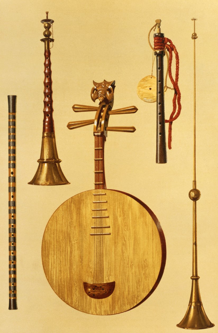 En dizi, en sona, en yueqin, kinesisk, en japansk hichiriki og en kinesisk laba, fra "Musical Instruments" (farvelitografi) af Alfred James Hipkins