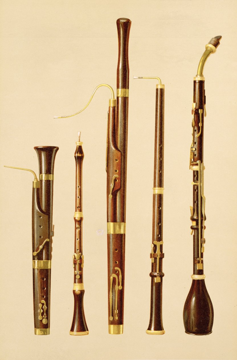 En dulcian, en obo, en fagot, en oboe da caccia og et bassethorn, fra 