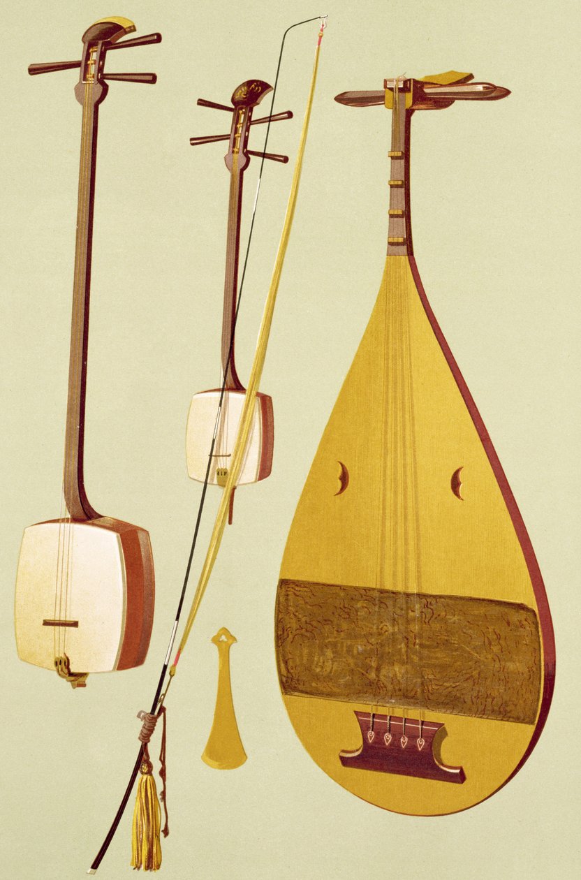 En shamisen, en kokyu og en biwa, japansk, fra "Musical Instruments" (farvelitografi) af Alfred James Hipkins