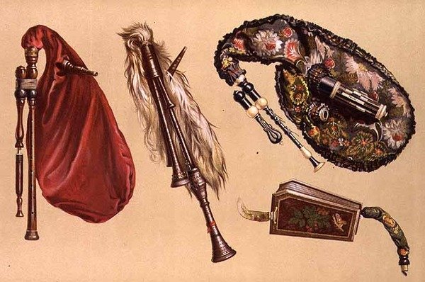 Sækkepiber: fire, herunder en Cornemuse, en Calabrian og en Musette, fra "Musical Instruments" (farvelitografi) af Alfred James Hipkins