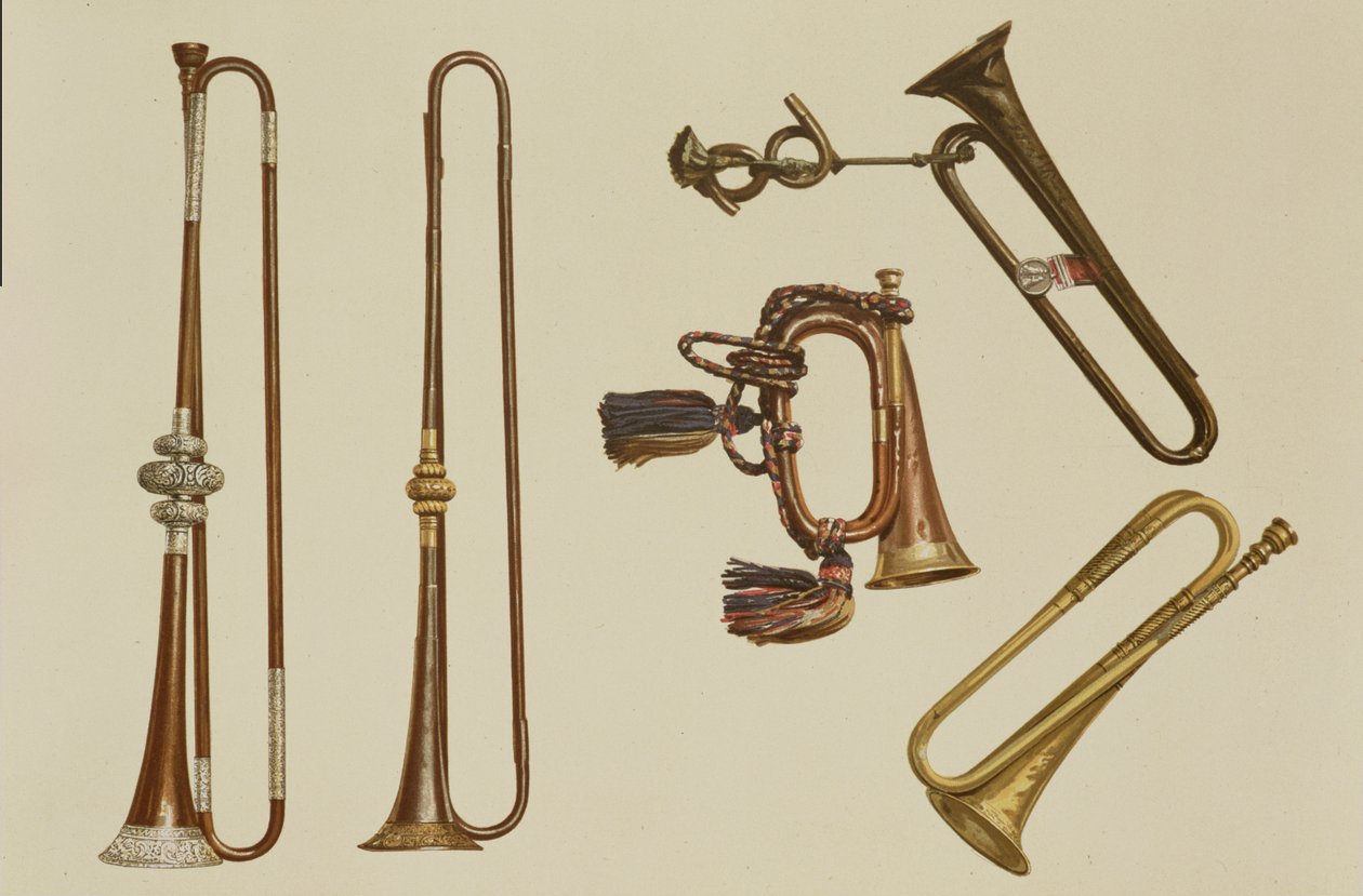 Kavaleritrompet, en hornlygte, en forgyldt trompet af John Harris fra ca. 1730, en trompet og en sølvmonteret trompet af William Ball fra ca. 1680, fra "Musical Instruments" (farvelitografi) af Alfred James Hipkins