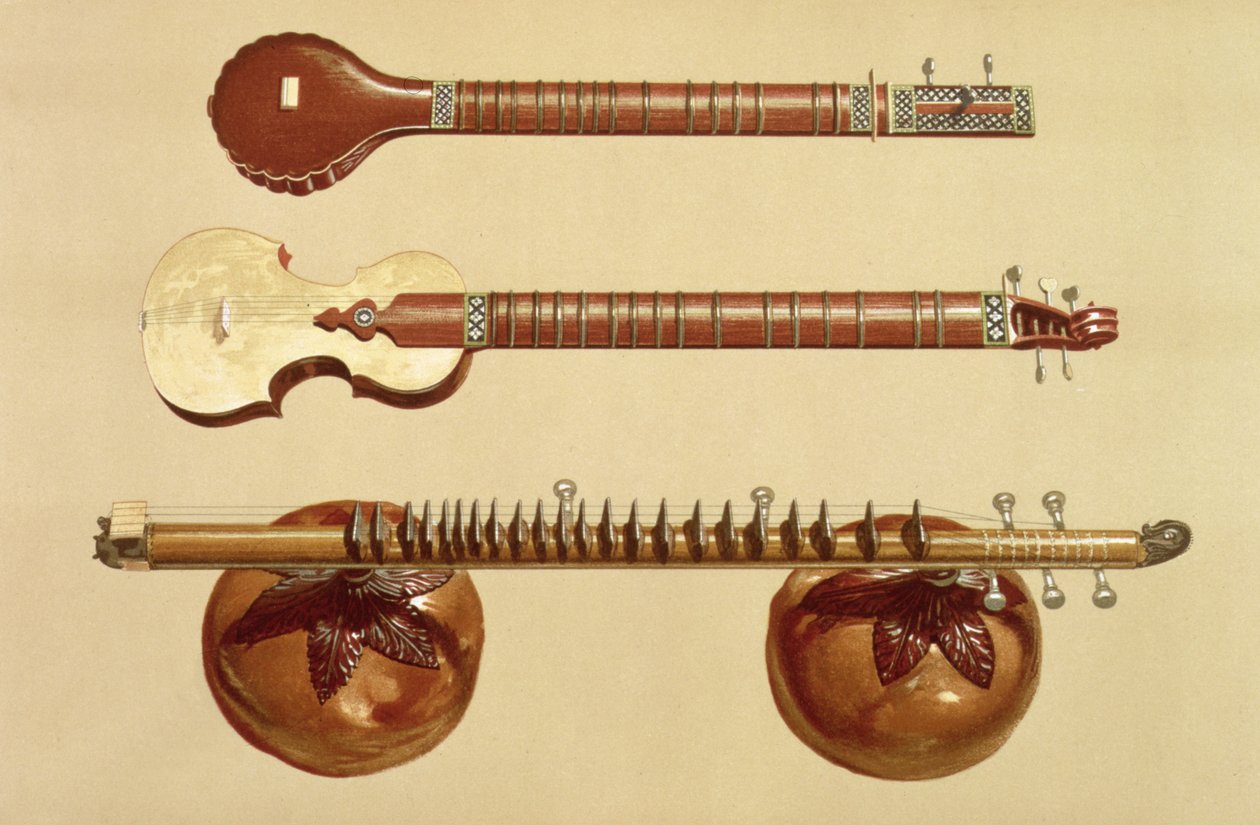 To sitarer og en rudra vina, indisk, fra "Musical Instruments" (farvelitografi) af Alfred James Hipkins