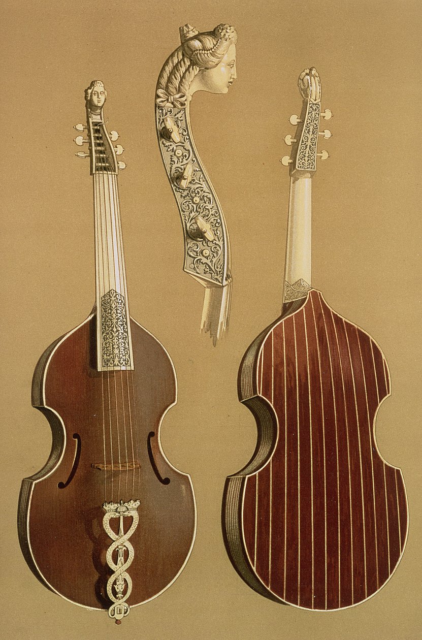 Viola da Gamba, eller basguitar, af Joachim Tielke (1641-1719) Hamburg, 1701, fra "Musikinstrumenter" (farvelitografi) af Alfred James Hipkins