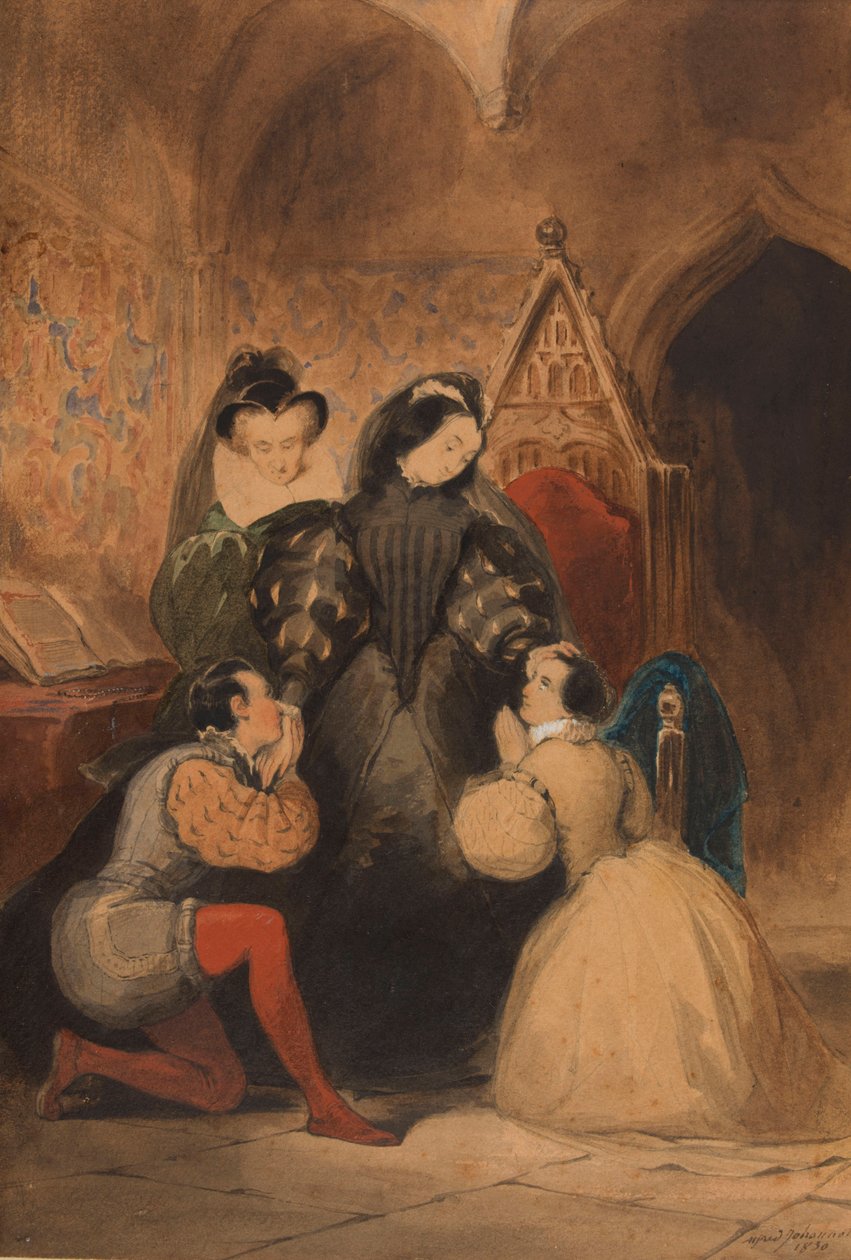 Mary Stuart velsigner Roland Groeme og Catherine Seyton. Efter Walter Scotts Abbeden, 1830. af Alfred Johannot