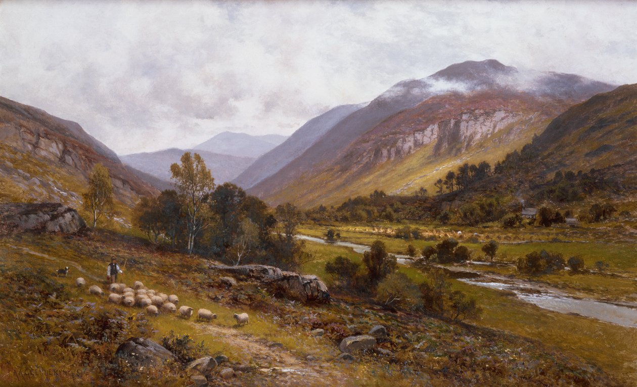 En floddal med et bjergrigt landskab hinsides (olie på lærred) af Alfred Jr. Glendening