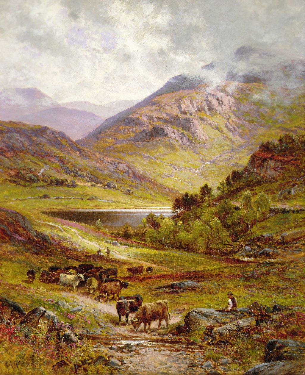 Longhorn-kvæg i et bjergrigt landskab af Alfred Jr. Glendening